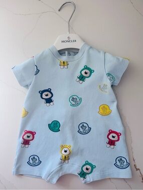 Moncler Baby Blue Teddy Bear Print One-Piece Romper